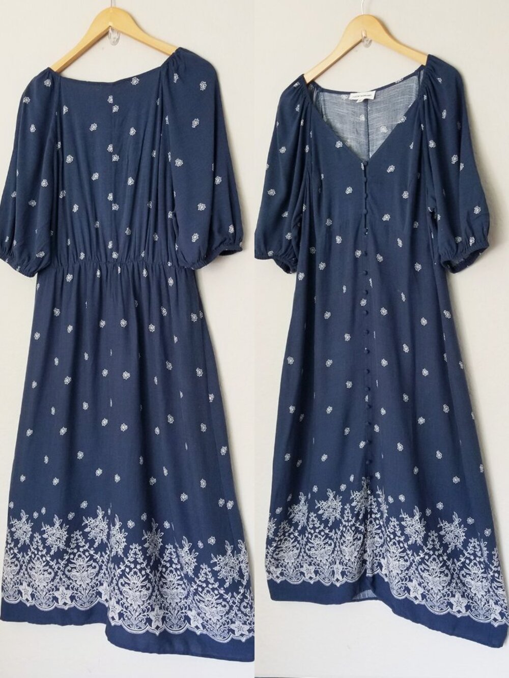Lucky Brand Navy Boarder Sweetheart Puff Sleeves Midi Dress XL Button Front Boho